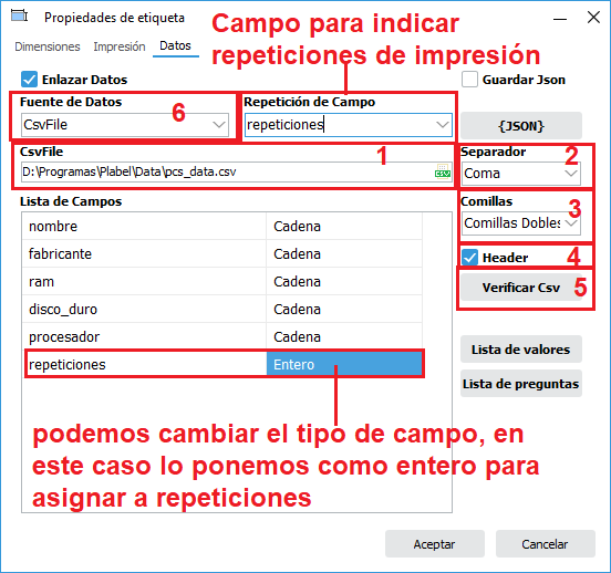 Pestaña Datos de las propiedades de etiqueta de PLABEL WIN, con la selección del archivo CSV, el separador, las comillas y la cabecera