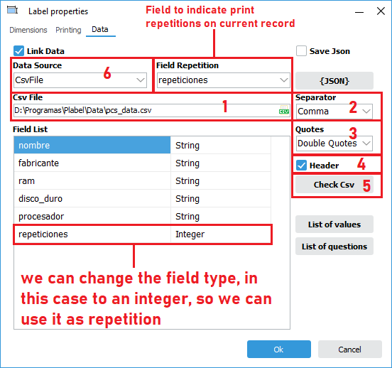 Data tab of the label properties in PLABEL WIN, showing the CSV file, separator, quotes, header and the repetitions field