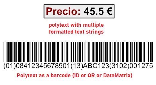 Elemento politexto de PLABEL WIN mostrado como textos con formato y como código GS1-128 con identificadores de aplicación