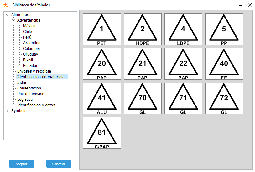 Packaging material identification symbols in the PLABEL WIN 3.3 symbol library