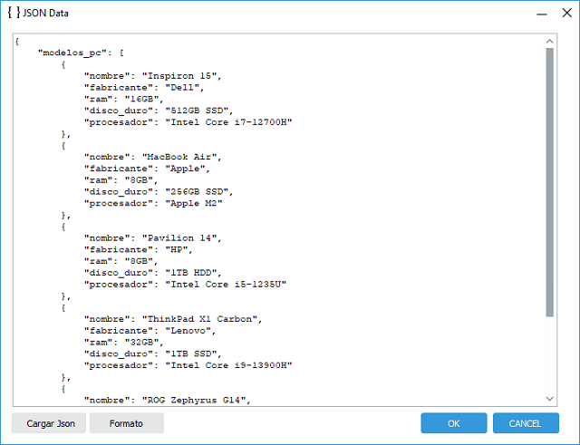 Editor JSON de PLABEL WIN donde se pega o carga el array que será la fuente de datos de la etiqueta