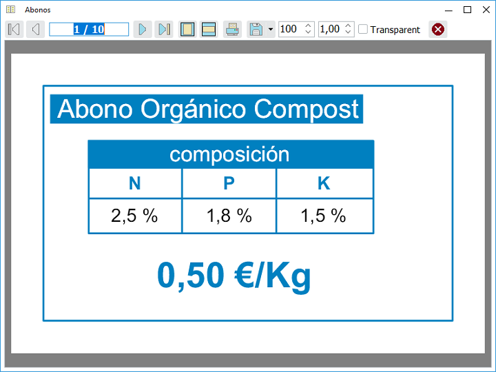 Previsualización de una etiqueta de PLABEL WIN con un elemento tabla que muestra registros de detalle y un título