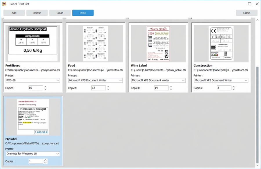 PLABEL WIN 3.3 label print list with the preview, printer and number of copies of each label