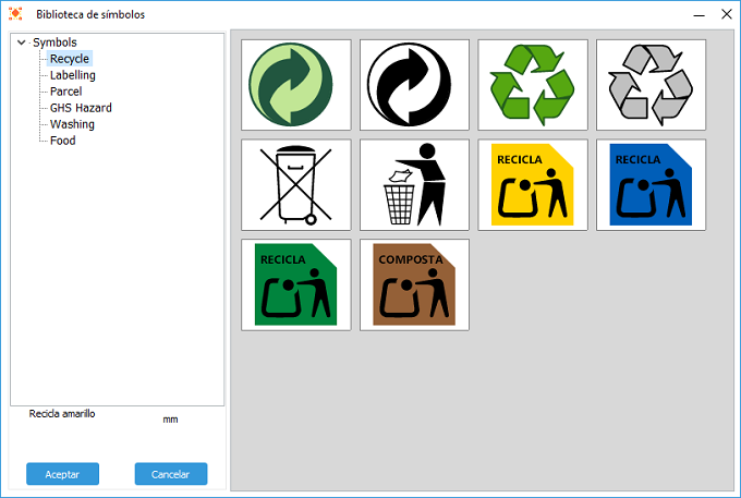 Biblioteca de símbolos vectoriales de PLABEL WIN con las familias de reciclaje, etiquetado, paquetería, peligros GHS, lavado y alimentación