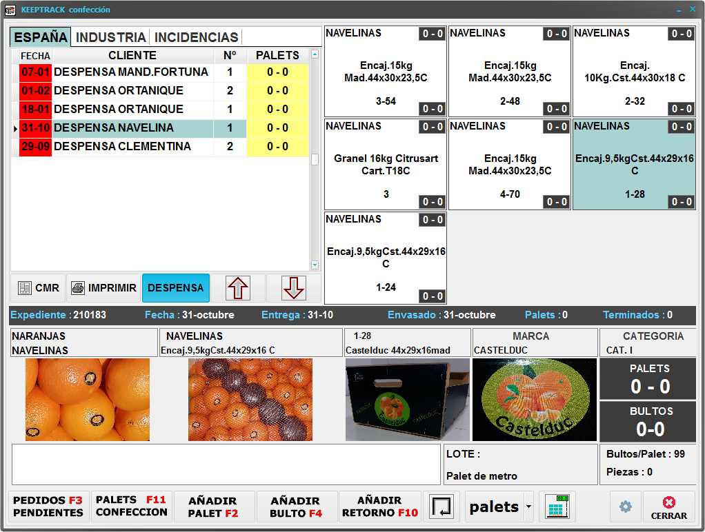 Pantalla de gestión de confecciones de KeepTrack